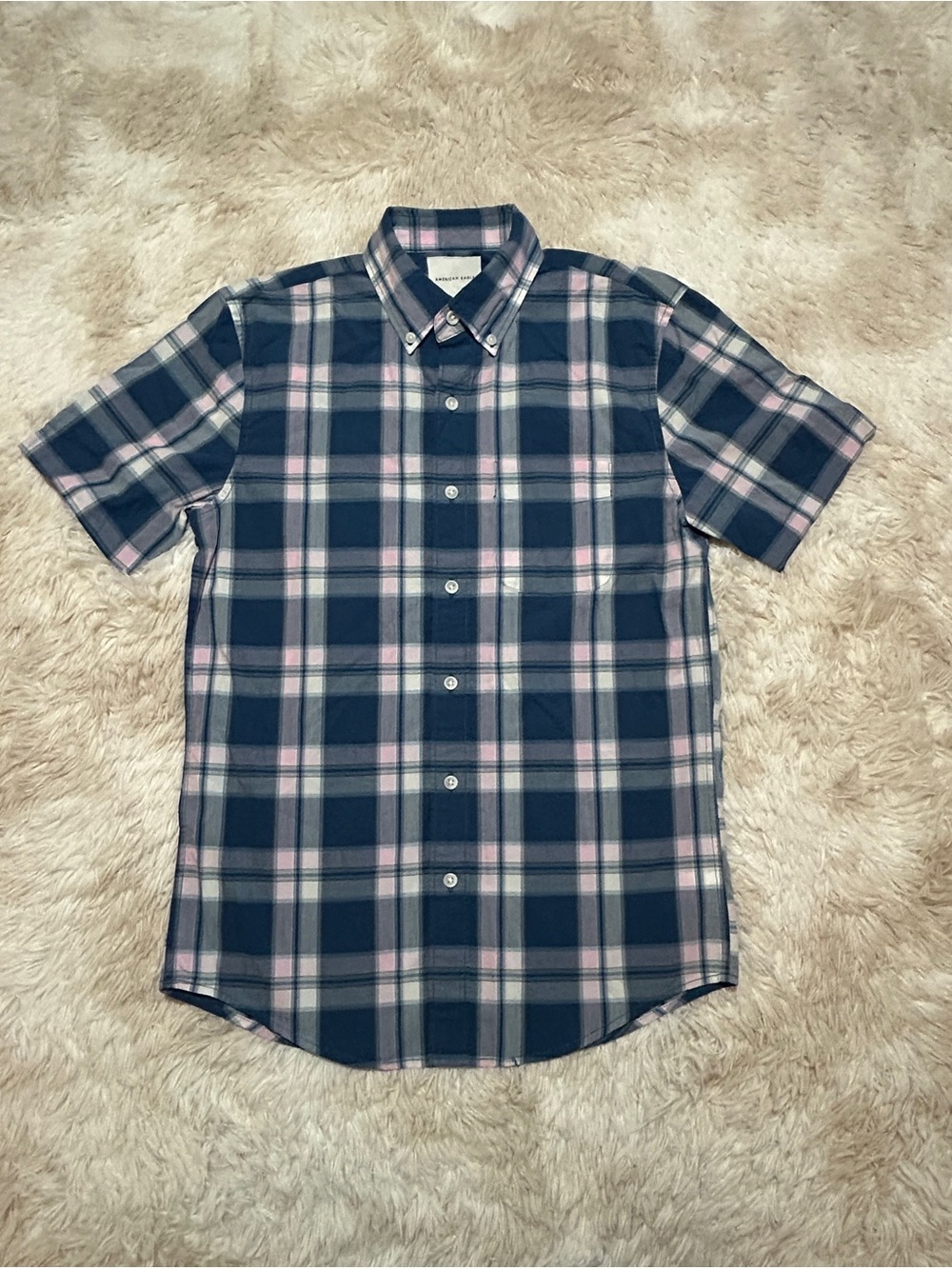 American Eagle Outfitters Navy & Pink Plaid Short-Sleeve Button-Down Shirt